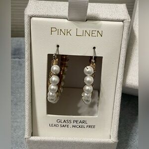 Pink Linen NWOT Glass Pearl and Gold Trim Hoop Earrings